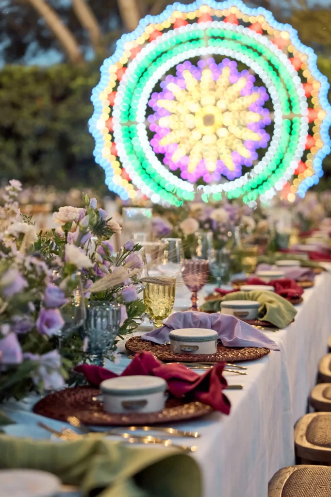 Festive table decorated with pastel flowers and colorful napkins, under festive lights.